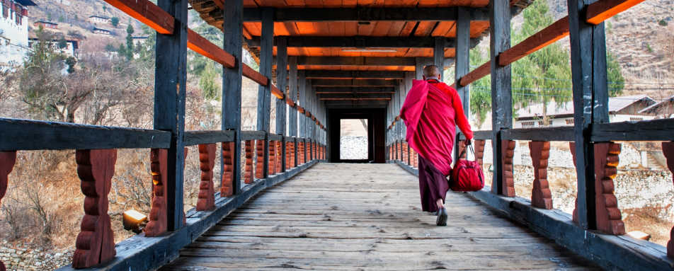 Monk Walking Torwards Rinpung Monastery Paro