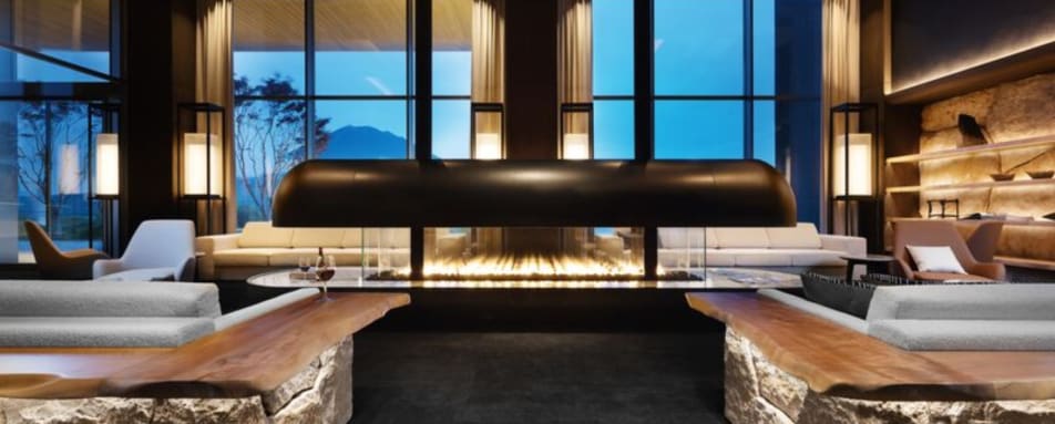 Lobby at Night and Fireplace 