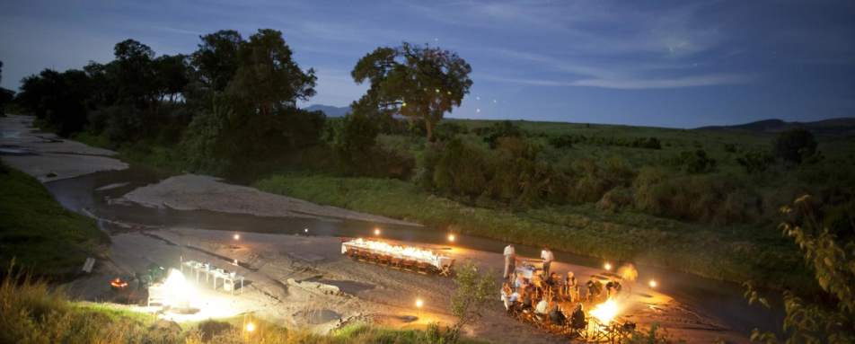 Sala's river dining - Laikipia rhinos and Mara cats