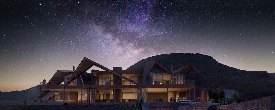 Lodge exterior at night