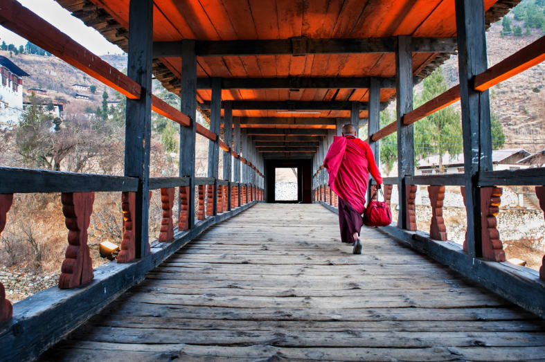 Monk Walking Torwards Rinpung Monastery Paro