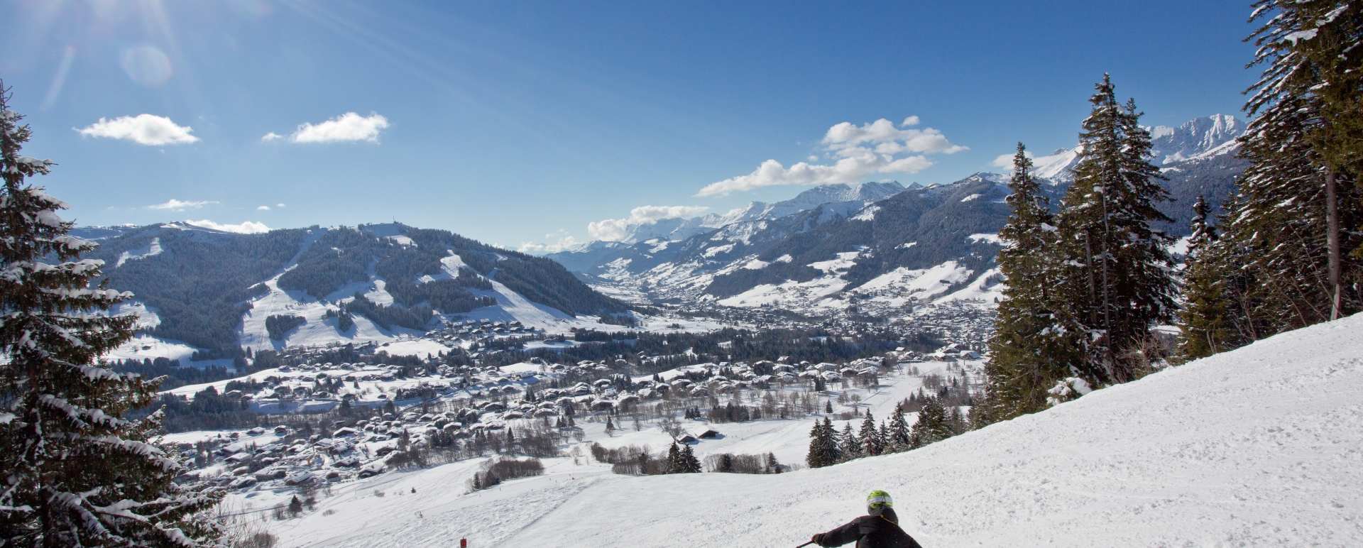 Skier and village