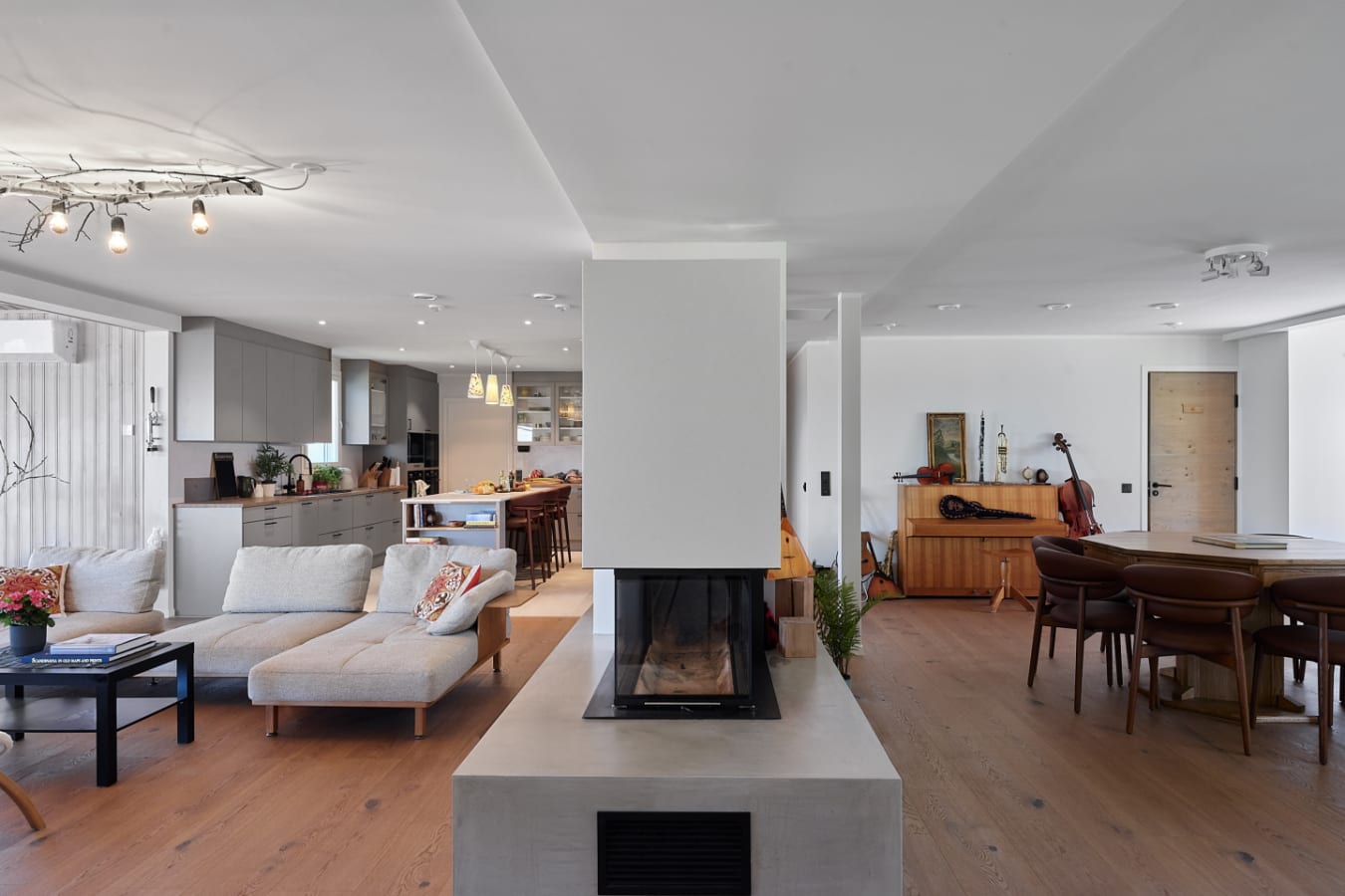 Facing fireplace from east