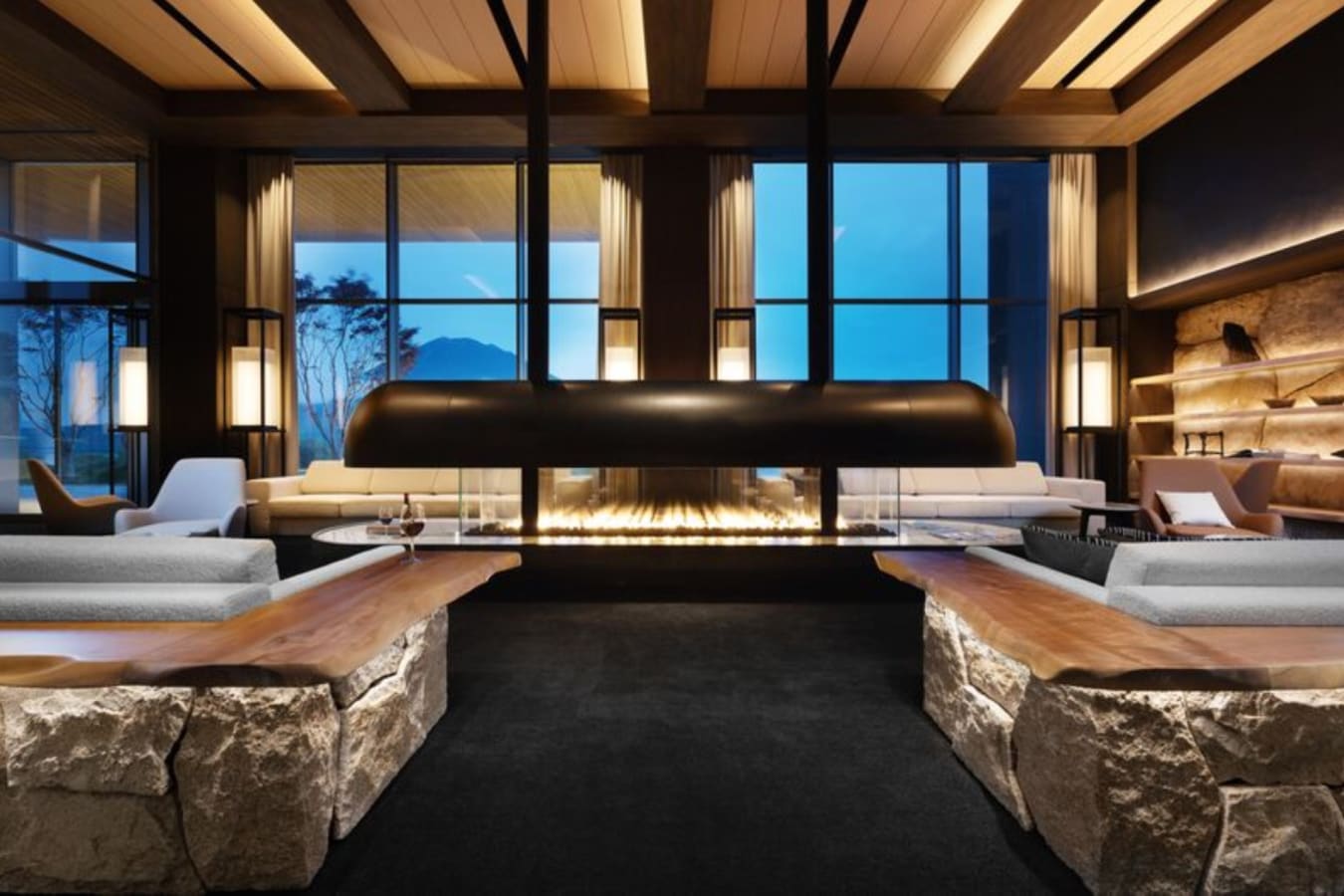 Lobby at Night and Fireplace 