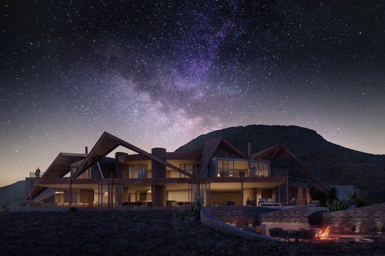 Lodge exterior at night
