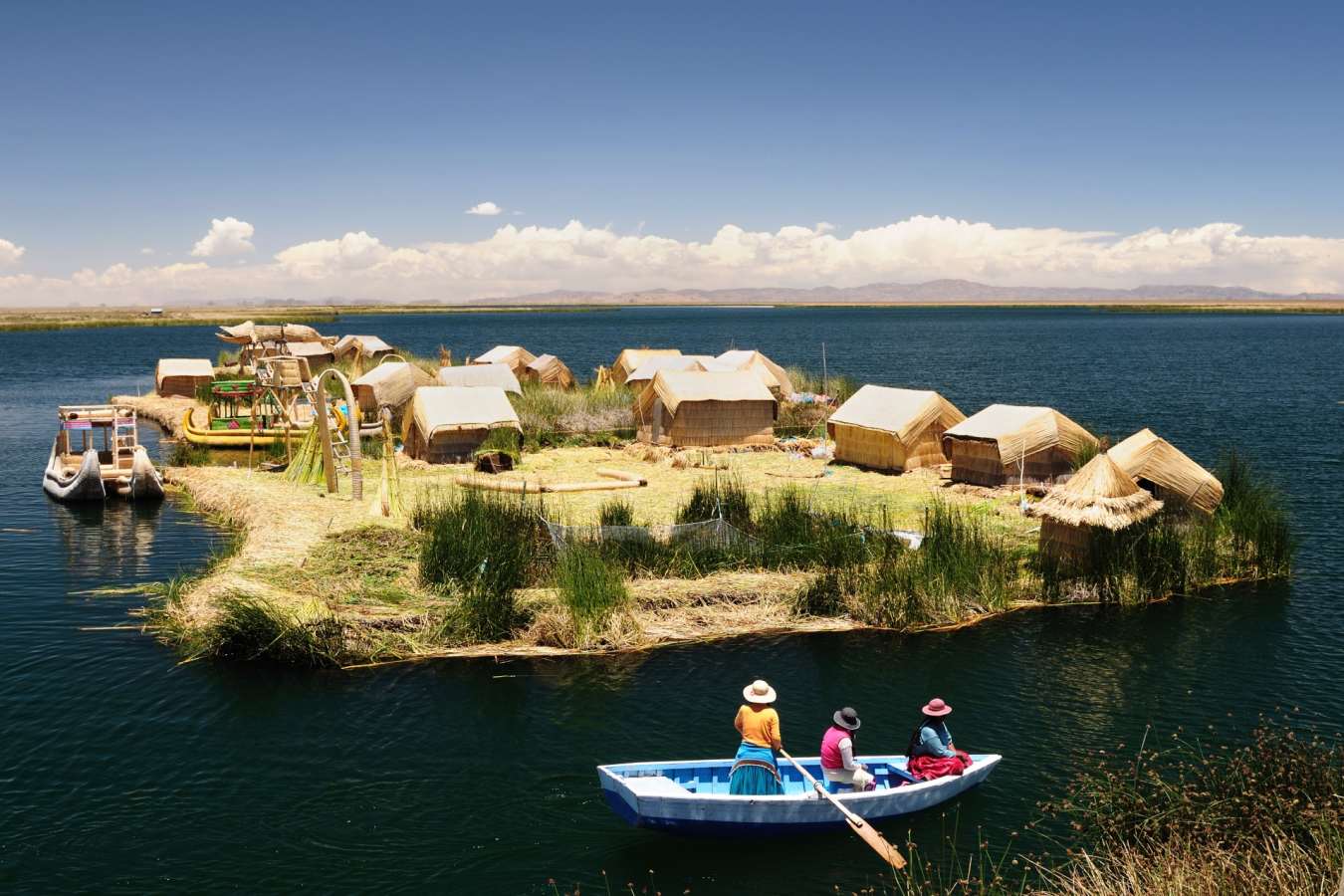 View of floating island at Lake Titicaca
