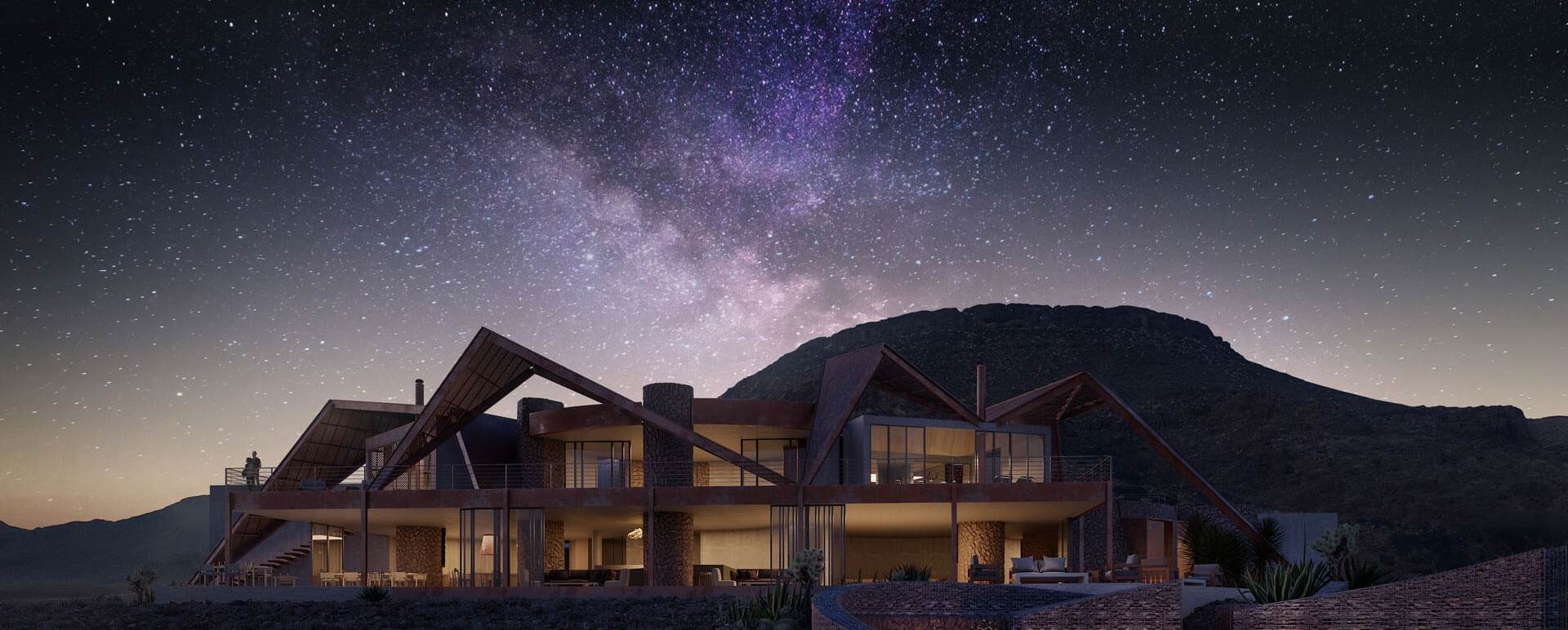 Lodge exterior at night