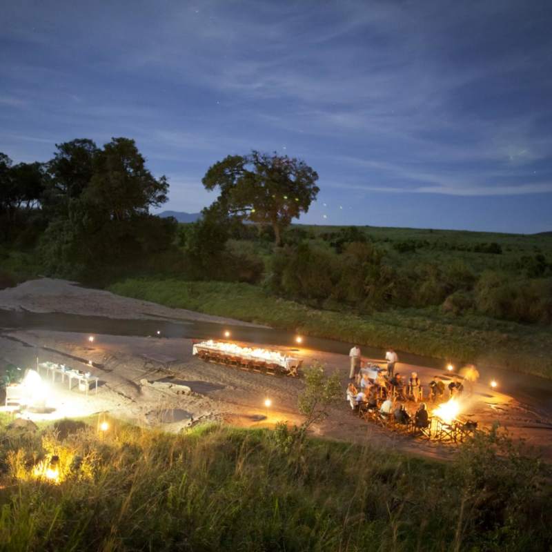 Sala's river dining - Laikipia rhinos and Mara cats
