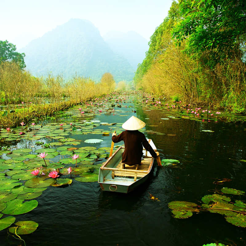 Man on a small boat in a lake in Ninh Binh