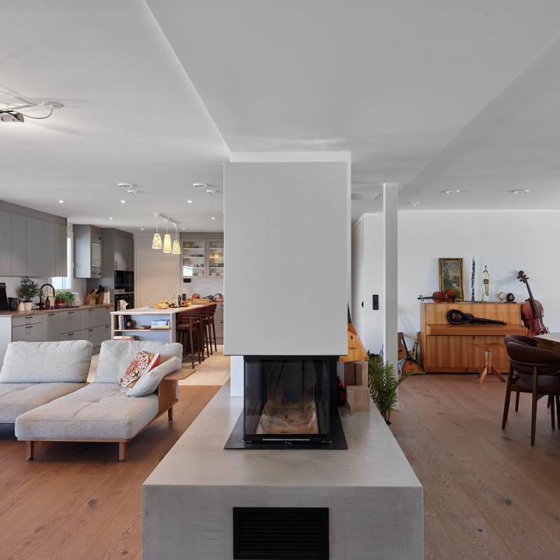 Facing fireplace from east